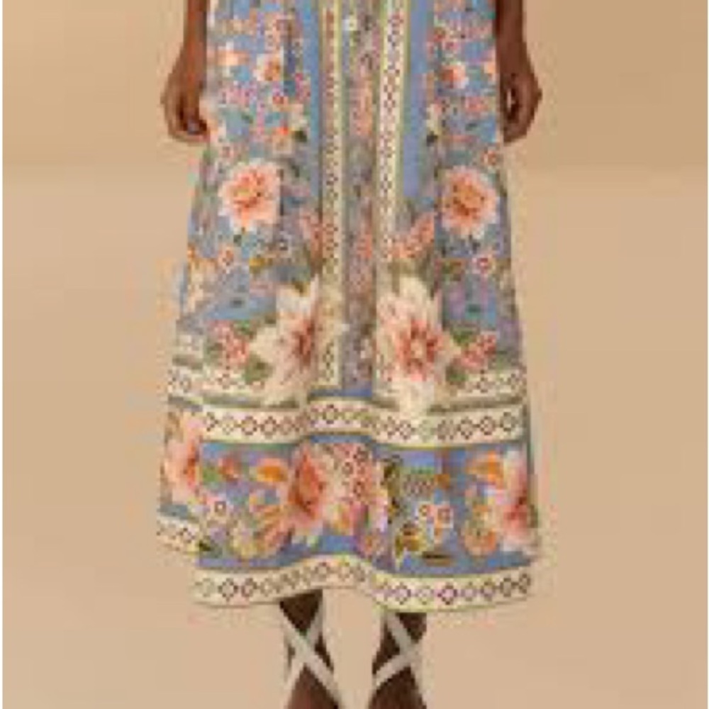 FARM Rio Blue Floral Midi Skirt with Pink Blossoms